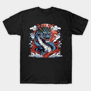 Dragon against the backdrop of a setting sun bathed in ocean waves T-Shirt